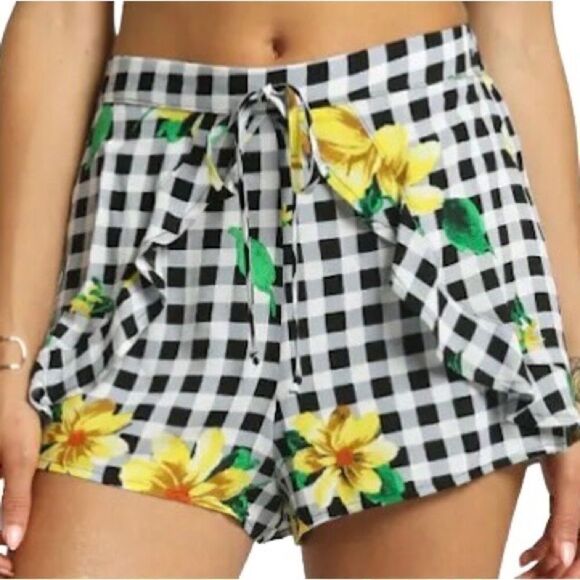 Sans Souci Floral Checker Ruffle Shorts in Black/White/Yellow Women’s M - Picture 1 of 8